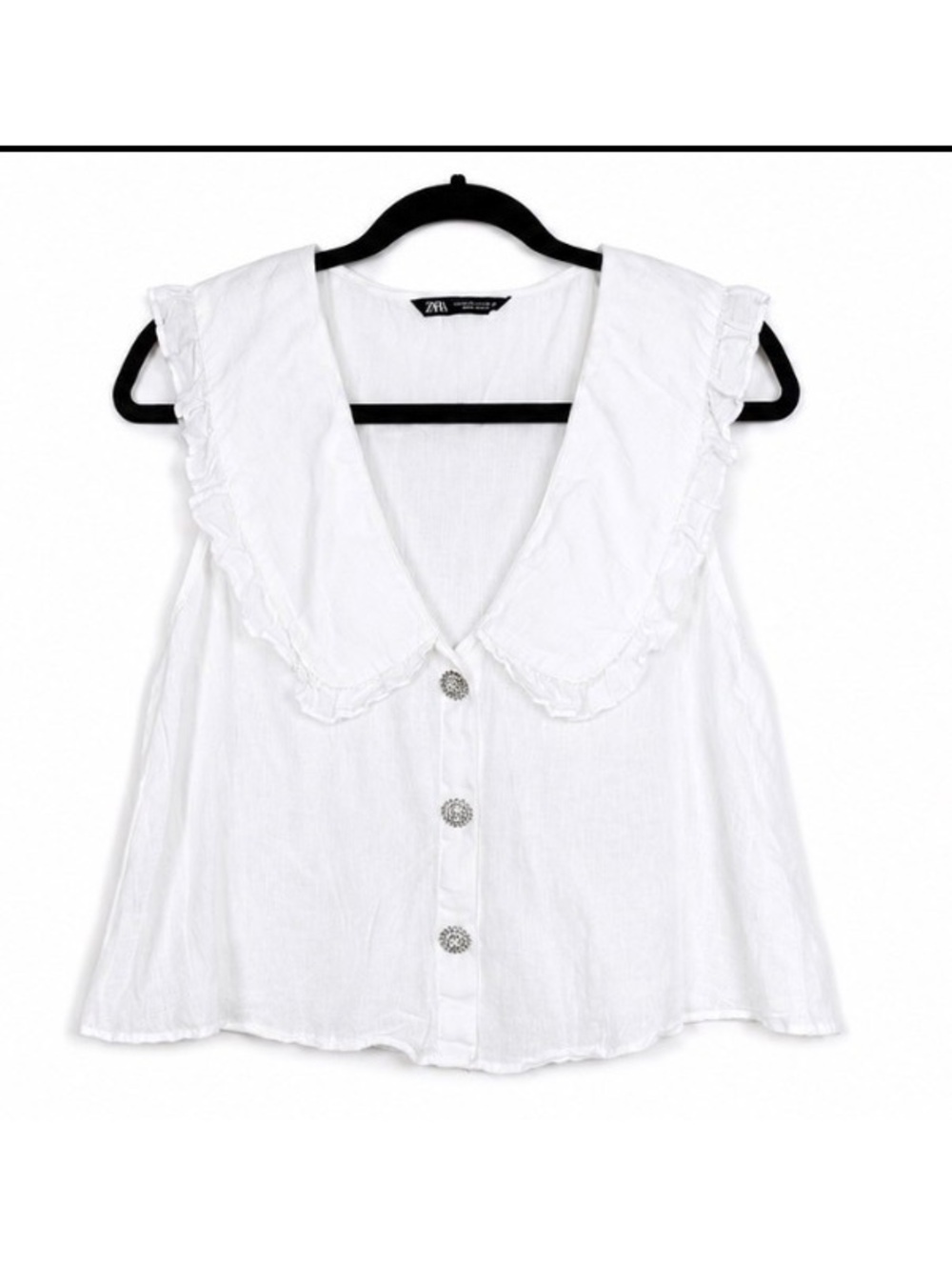 Zara 100% Linen White Sleeveless Ruffle Collar Jeweled Button Blouse XS
